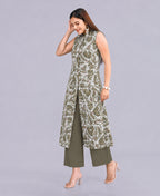 Serenaire Luna Abstract Line Front-Open Kurthi Set in Olive Green — look 2