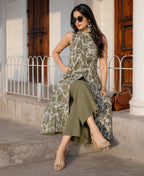 Serenaire Luna Abstract Line Front-Open Kurthi Set in Olive Green — look 3