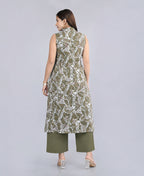 Serenaire Luna Abstract Line Front-Open Kurthi Set in Olive Green — look 4