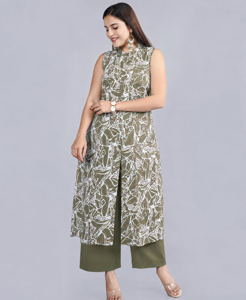 Serenaire Luna Abstract Line Front-Open Kurthi Set in Olive Green — look 5