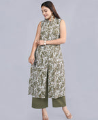 Serenaire Luna Abstract Line Front-Open Kurthi Set in Olive Green — look 5