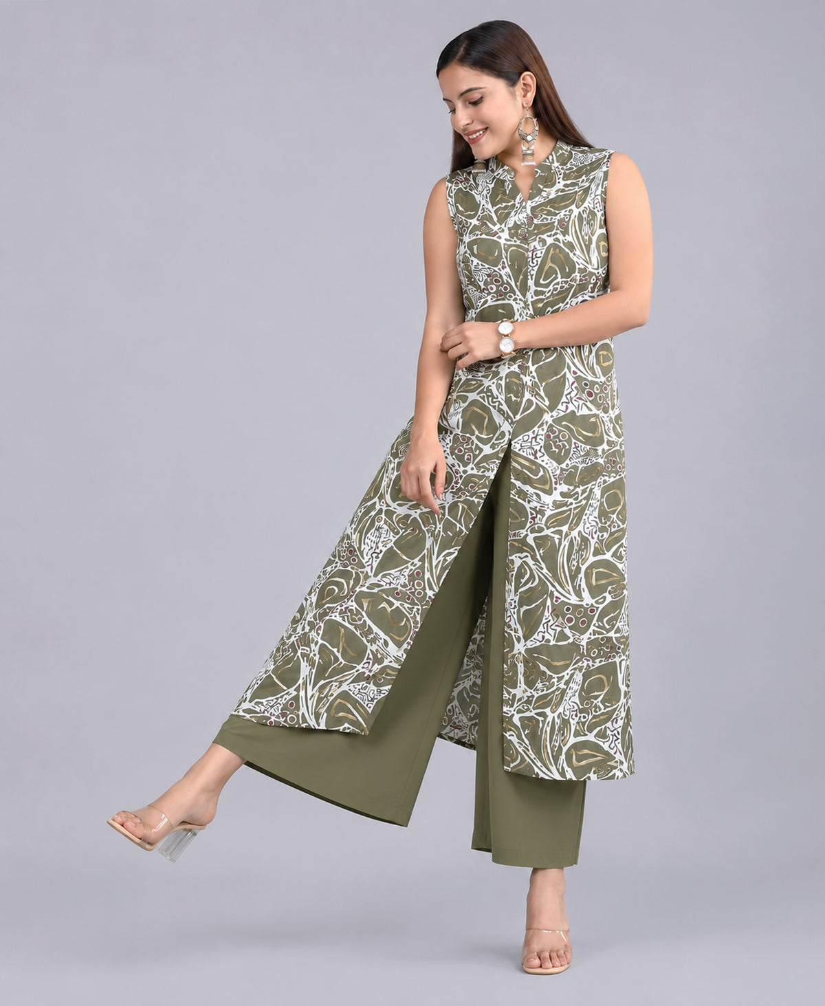 Serenaire Luna Abstract Line Front-Open Kurthi Set in Olive Green — look 6