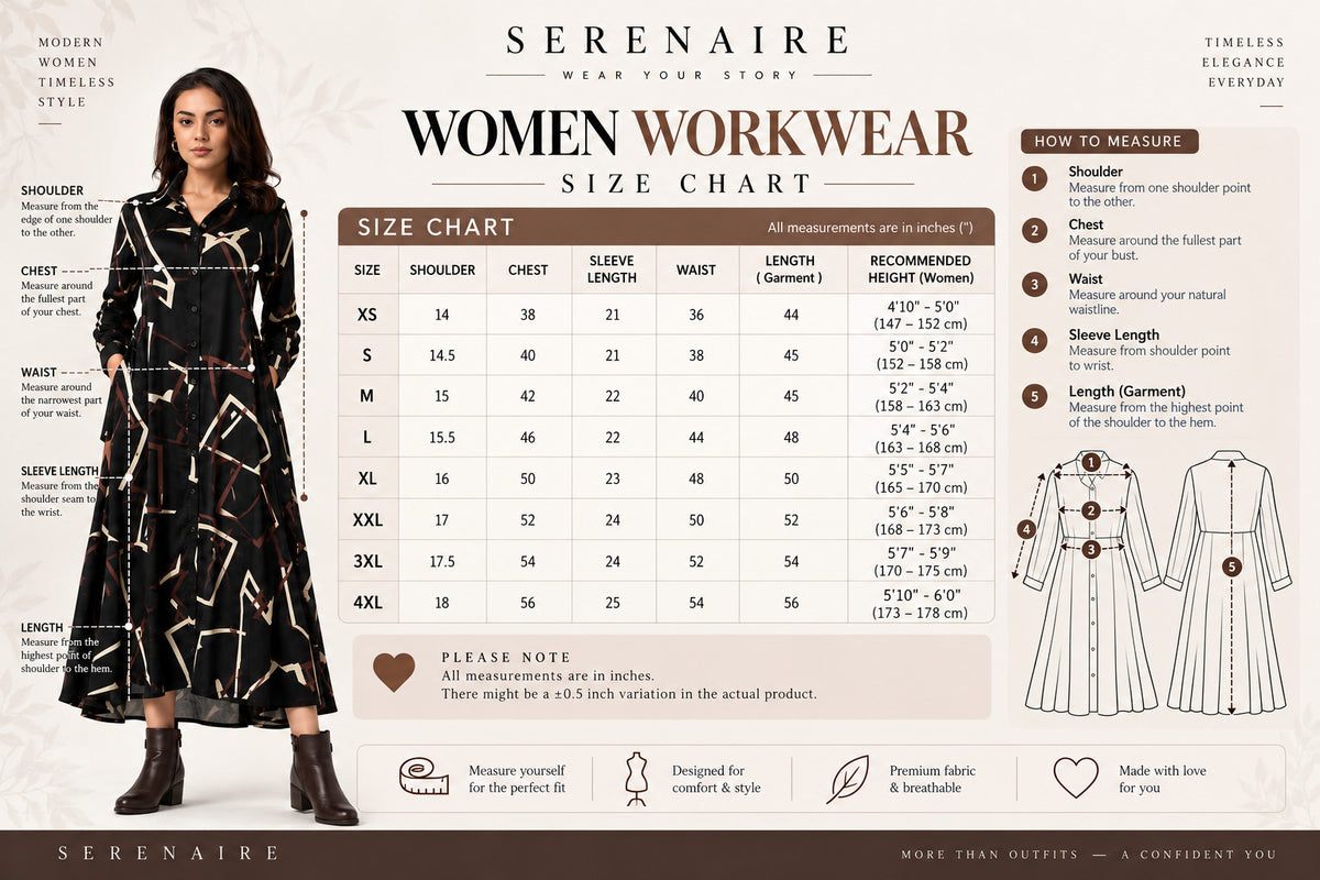SERENAIRE women's workwear size chart in inches - shoulder, chest, sleeve length, waist, garment length and recommended height for sizes XS to 4XL, with how-to-measure guide