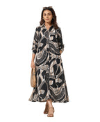 Serenaire Veloria Abstract Collage Workwear Dress in Black — front view