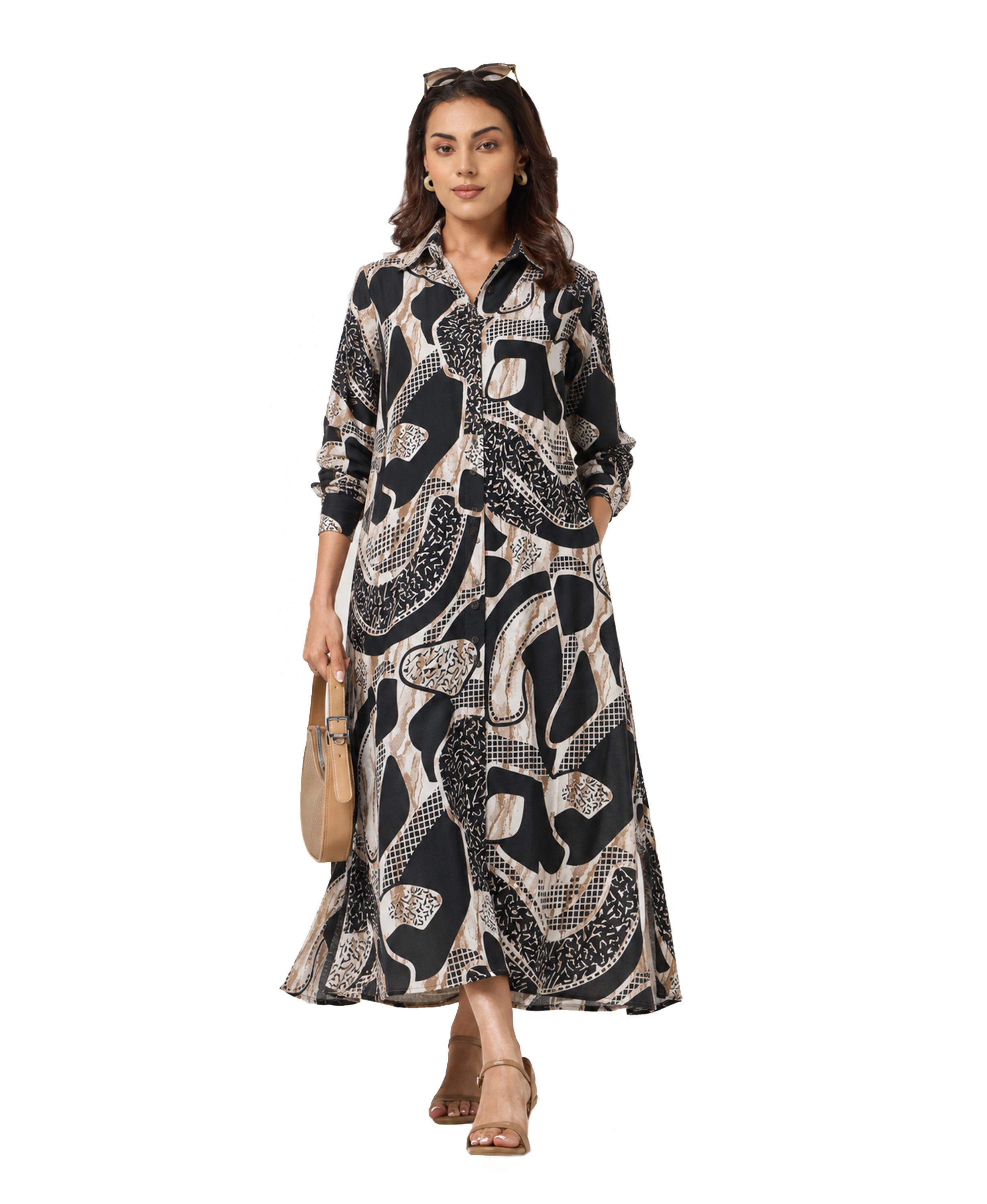 Serenaire Veloria Abstract Collage Workwear Dress in Black — front view