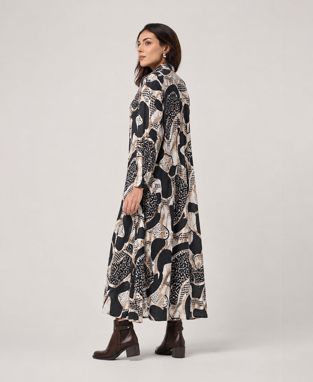 Serenaire Veloria Abstract Collage Workwear Dress in Black — three-quarter view