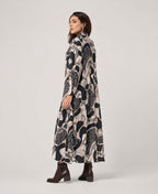 Serenaire Veloria Abstract Collage Workwear Dress in Black — three-quarter view
