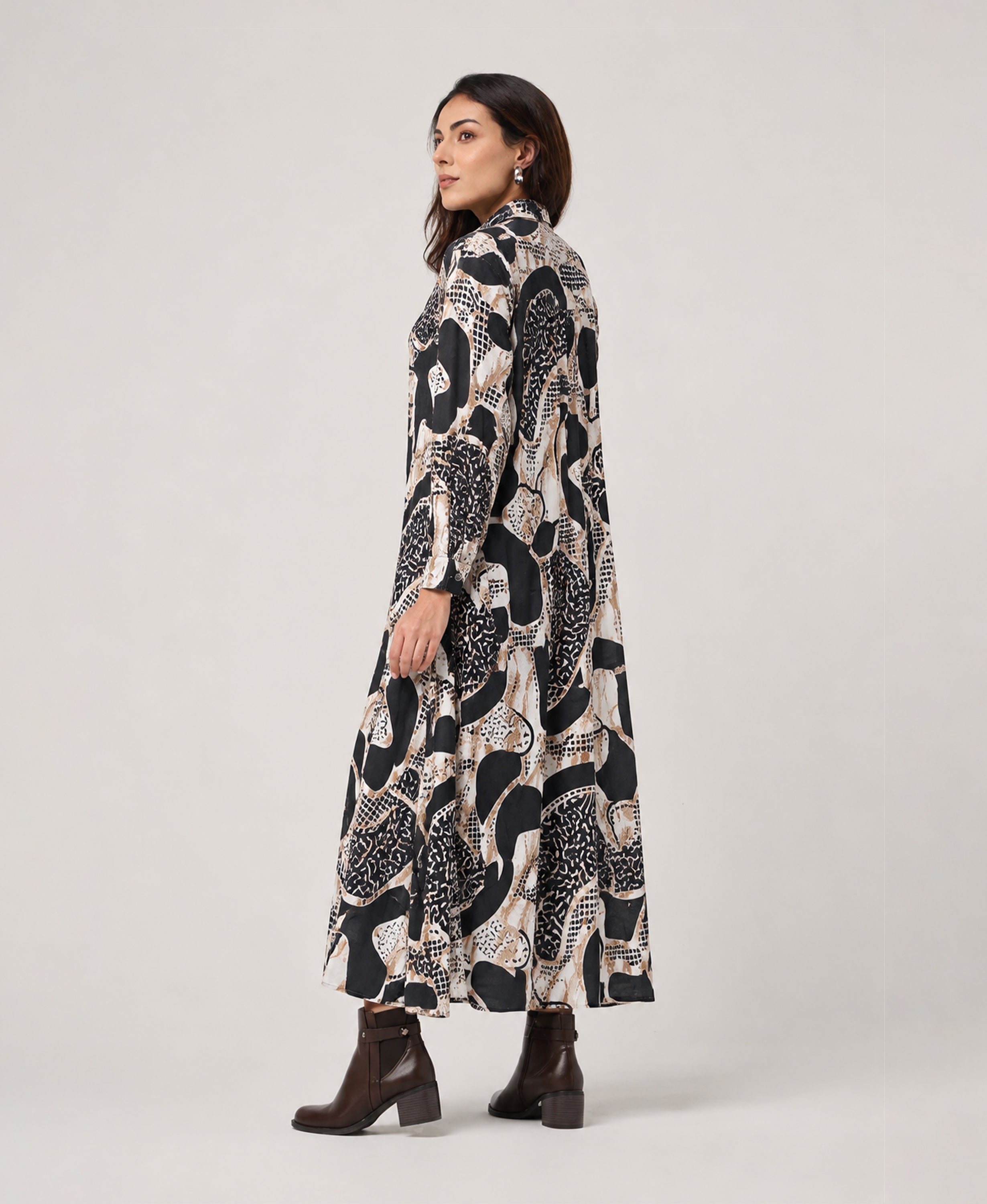 Serenaire Veloria Abstract Collage Workwear Dress in Black — three-quarter view
