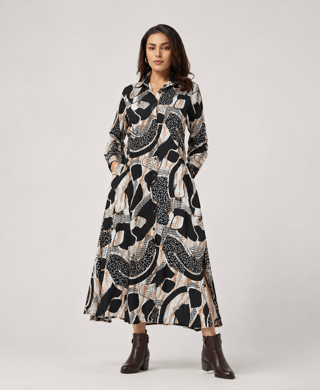 Serenaire Veloria Abstract Collage Workwear Dress in Black — front view
