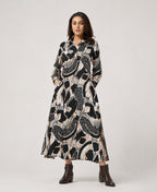 Serenaire Veloria Abstract Collage Workwear Dress in Black — front view