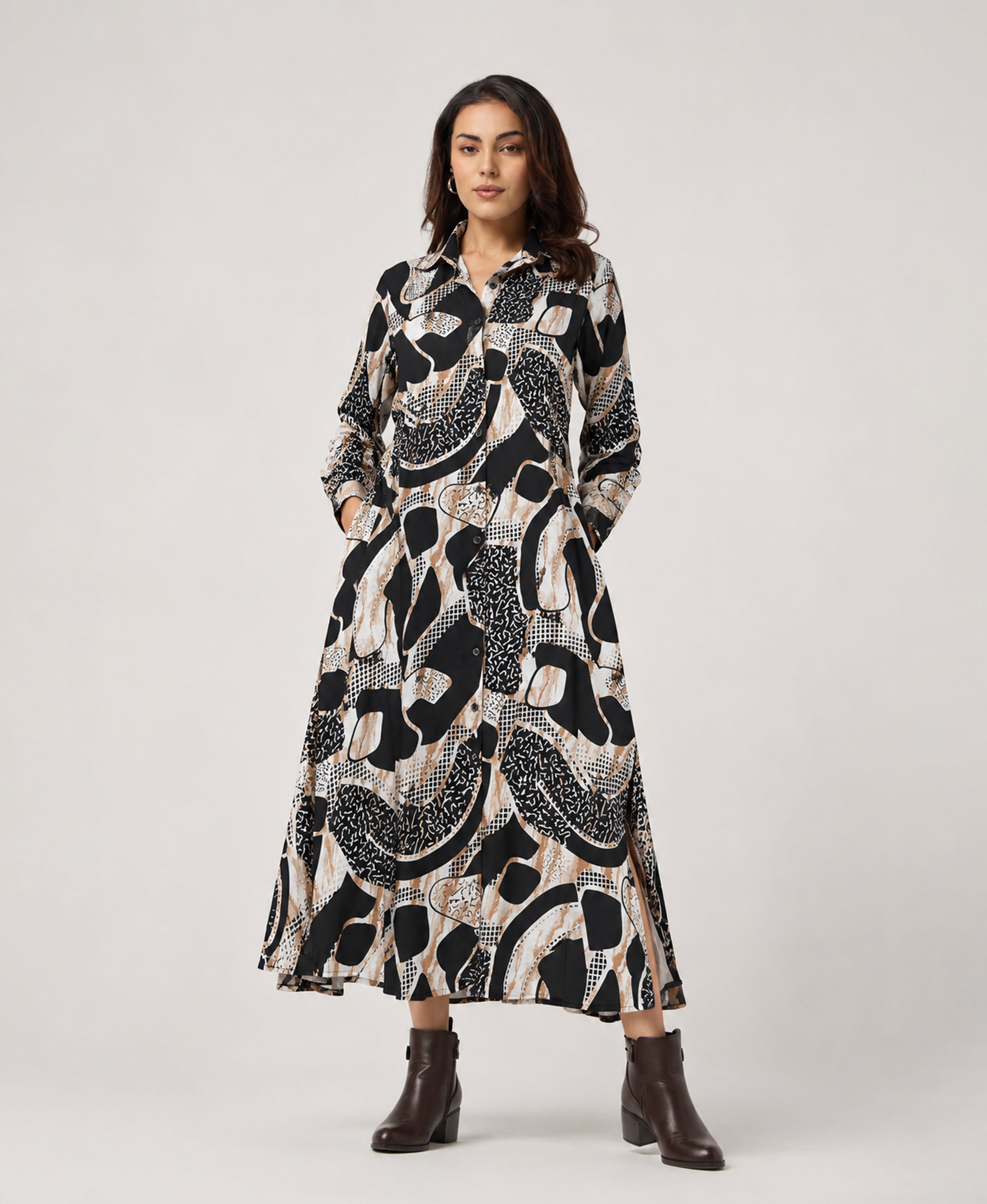 Serenaire Veloria Abstract Collage Workwear Dress in Black — front view