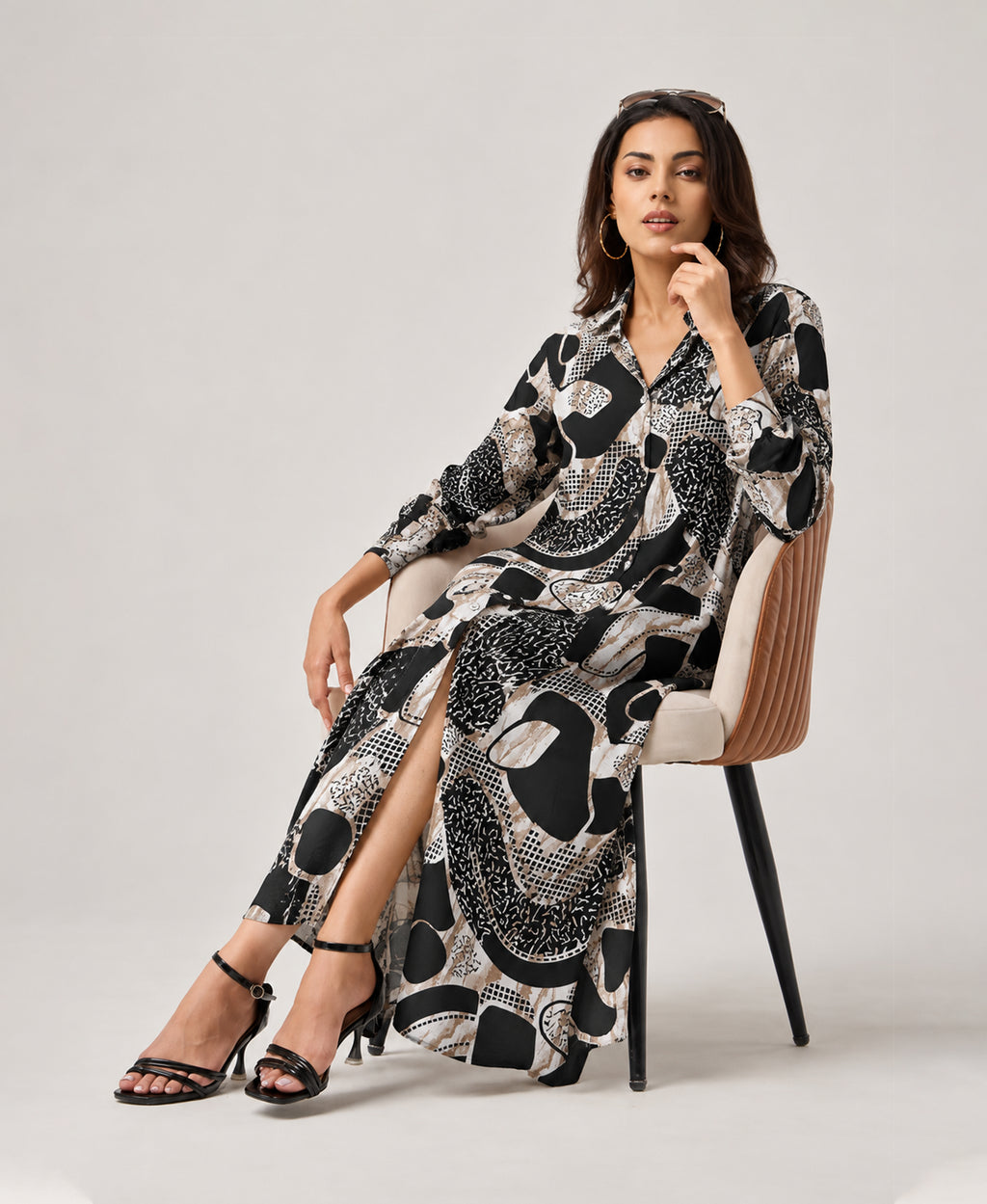Serenaire Veloria Abstract Collage Workwear Dress in Black — seated