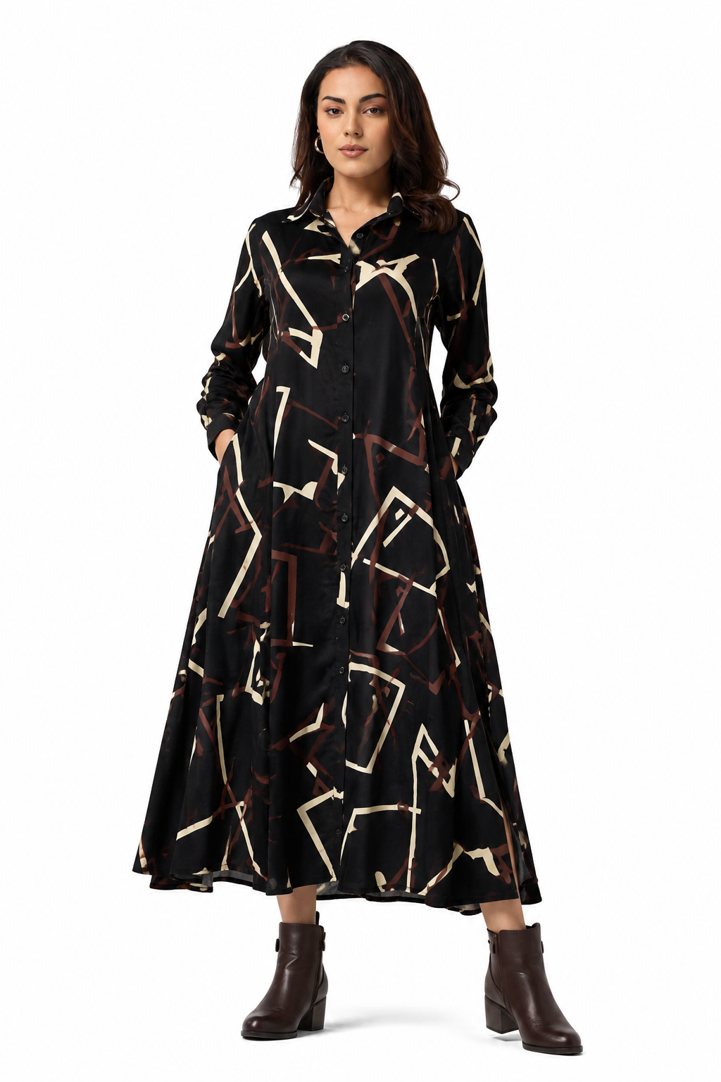 Serenaire Veloria Angular Workwear Dress in Black — front view