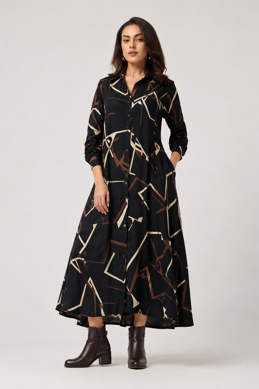 Serenaire Veloria Angular Workwear Dress in Black — front view