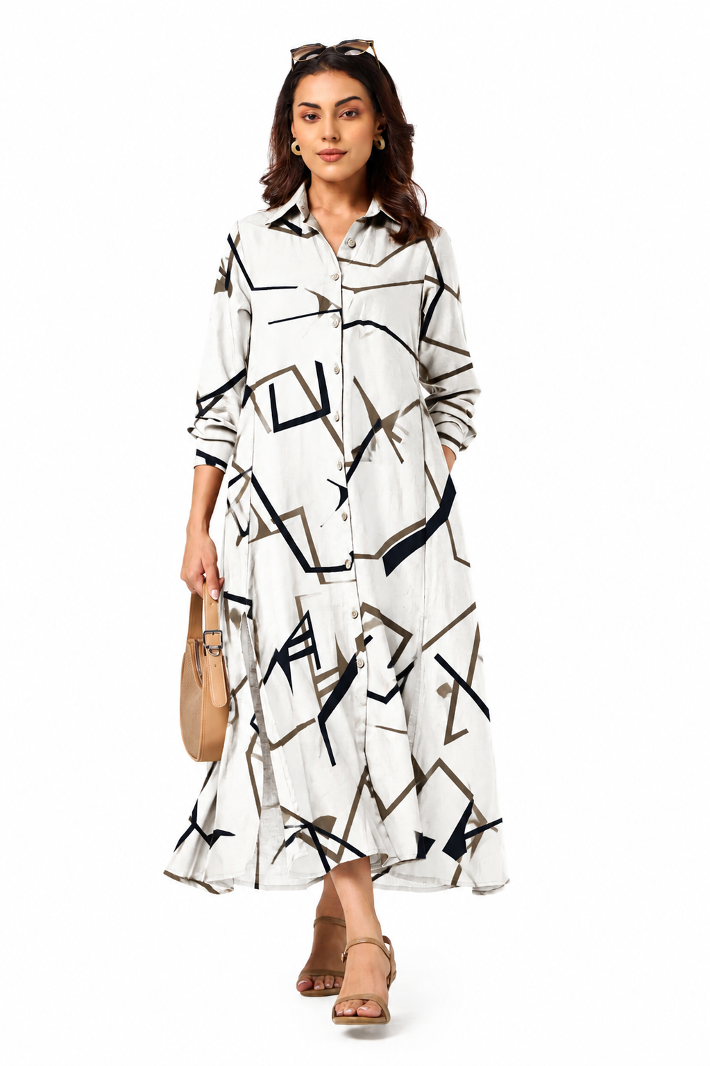 Serenaire Veloria Angular Workwear Dress in White — front view with bag