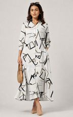 Serenaire Veloria Angular Workwear Dress in White — front view with bag