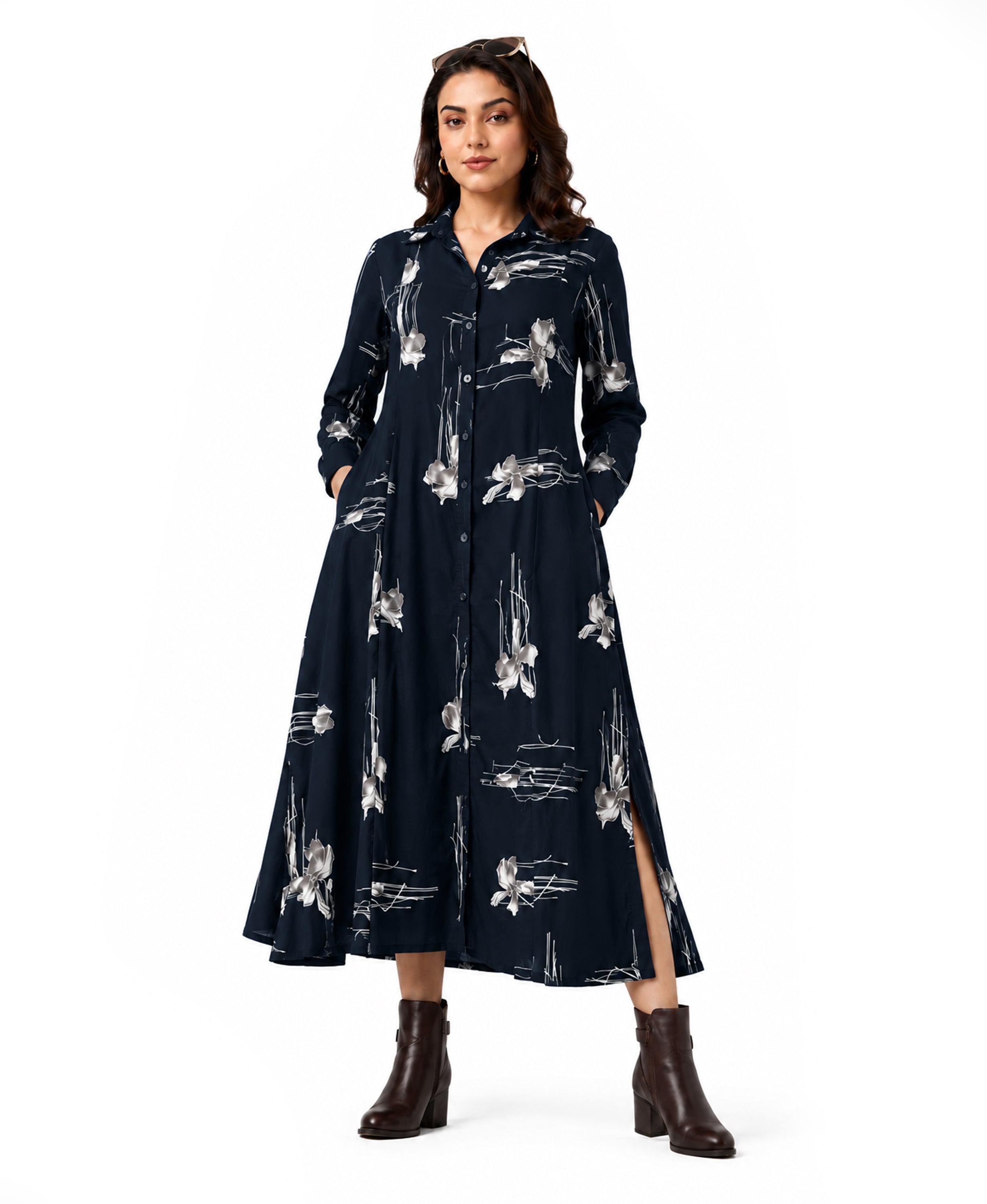 Serenaire Veloria Blossom Sketch Workwear Dress in Navy Blue — front view