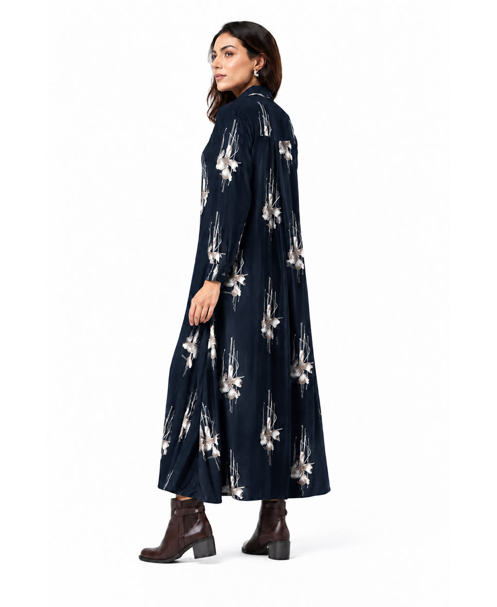 Serenaire Veloria Blossom Sketch Workwear Dress in Navy Blue — front view