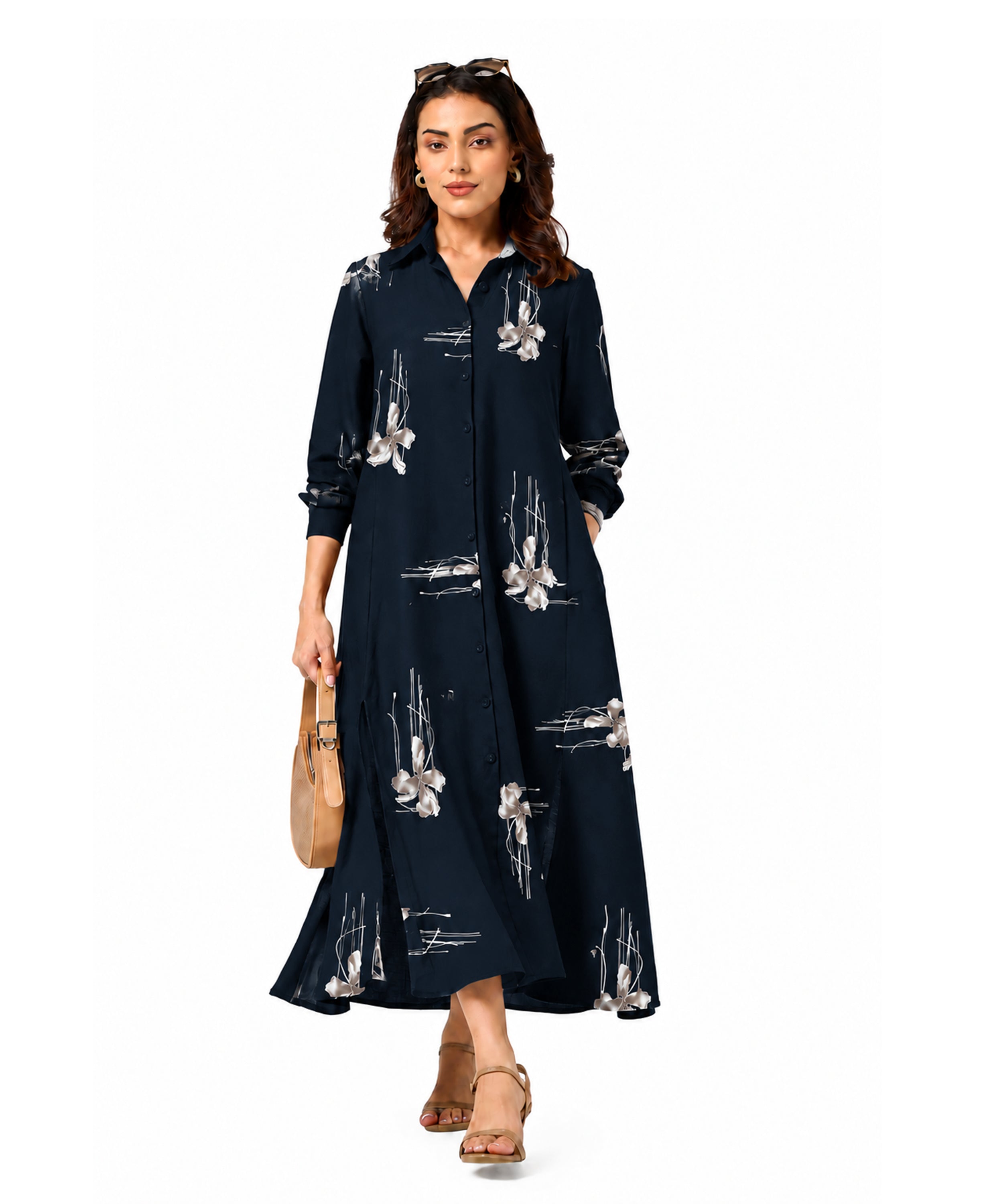 Serenaire Veloria Blossom Sketch Workwear Dress in Navy Blue — front view with bag