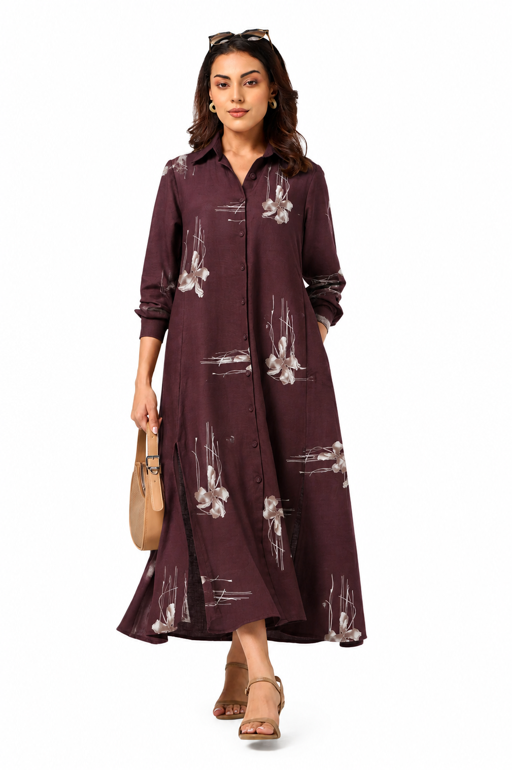 Serenaire Veloria Blossom Sketch Workwear Dress in Wildberry — front view with bag