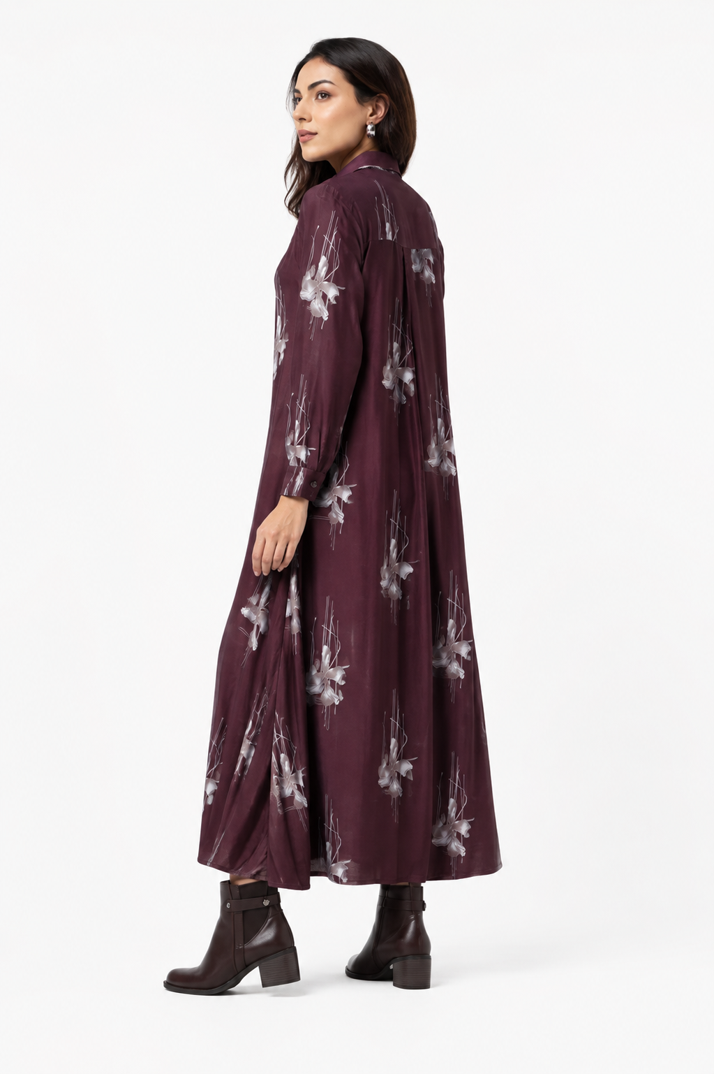 Serenaire Veloria Blossom Sketch Workwear Dress in Wildberry — three-quarter view