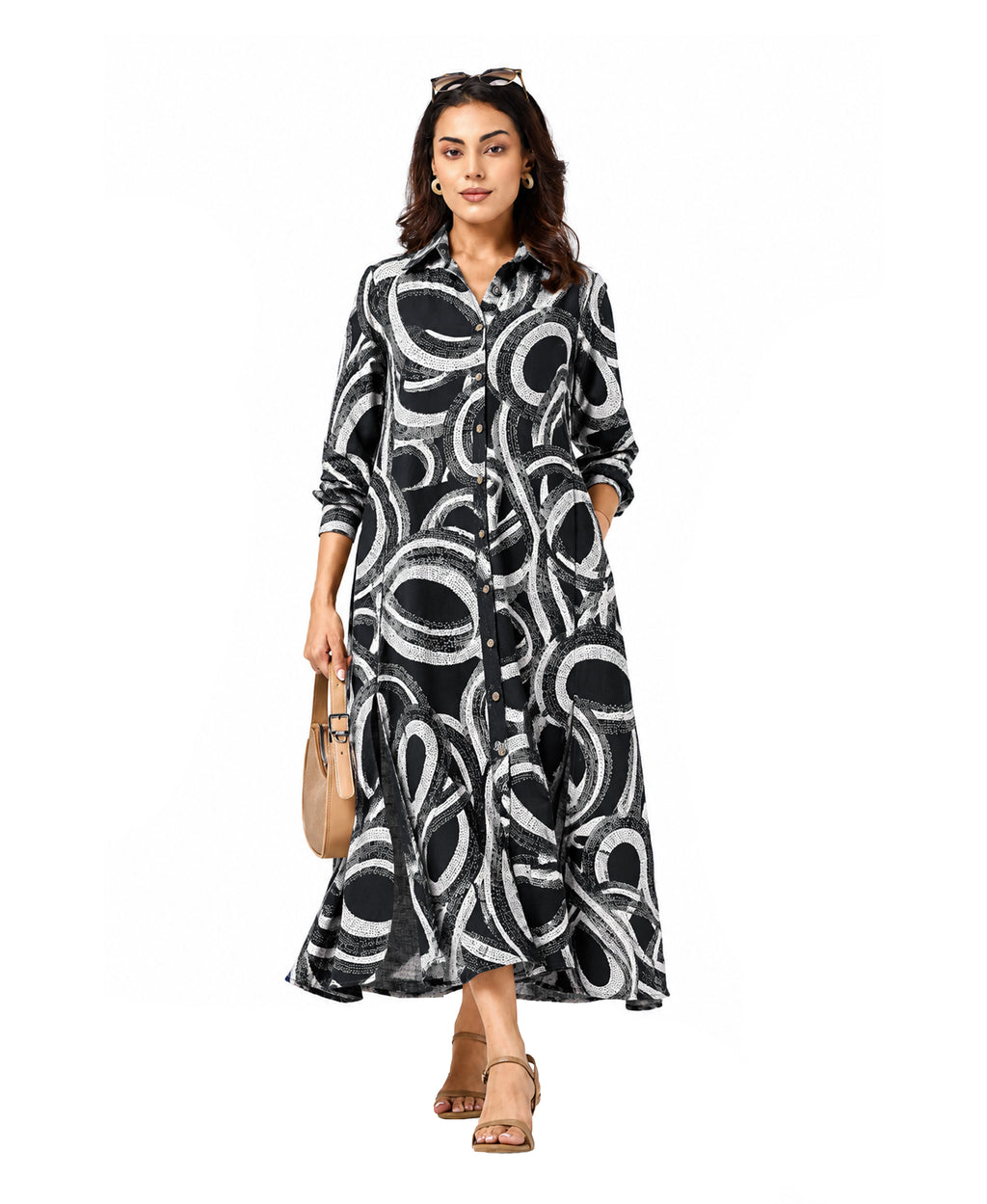 Serenaire Veloria Brush Ring Workwear Dress in Black — front view with bag