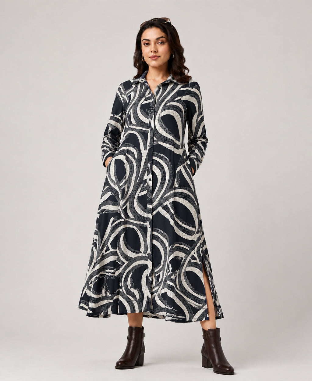 Serenaire Veloria Brush Ring Workwear Dress in Black — front view