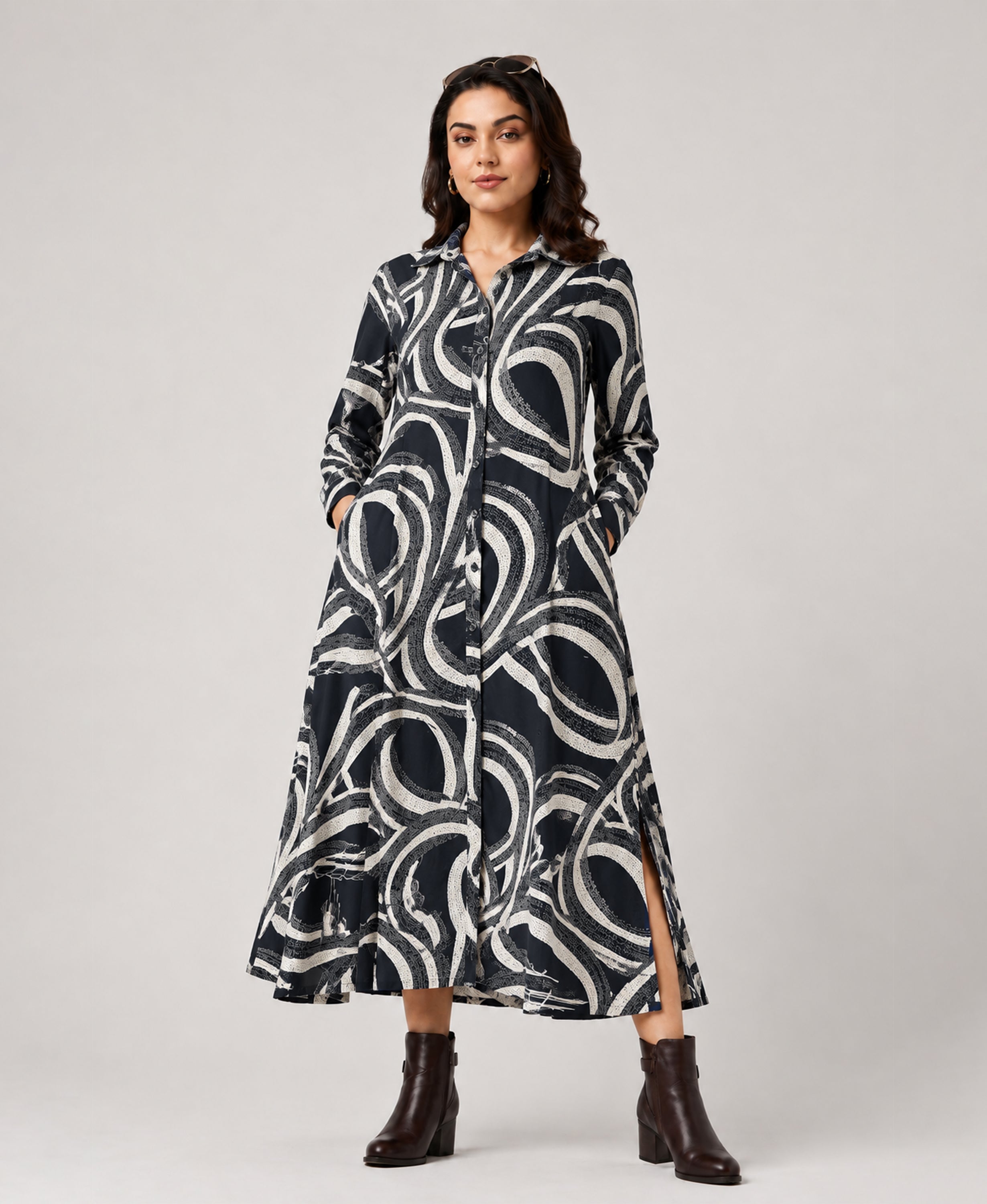 Serenaire Veloria Brush Ring Workwear Dress in Black — front view