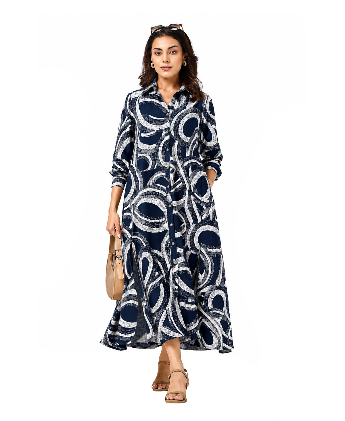 Serenaire Veloria Brush Ring Workwear Dress in Navy Blue — front view with bag
