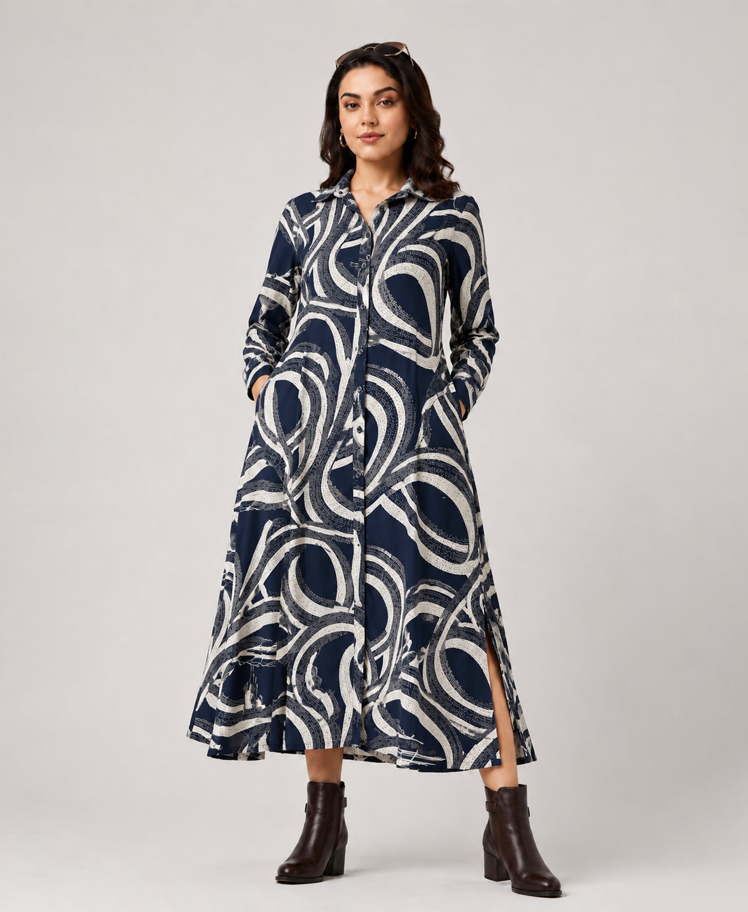 Serenaire Veloria Brush Ring Workwear Dress in Navy Blue — front view