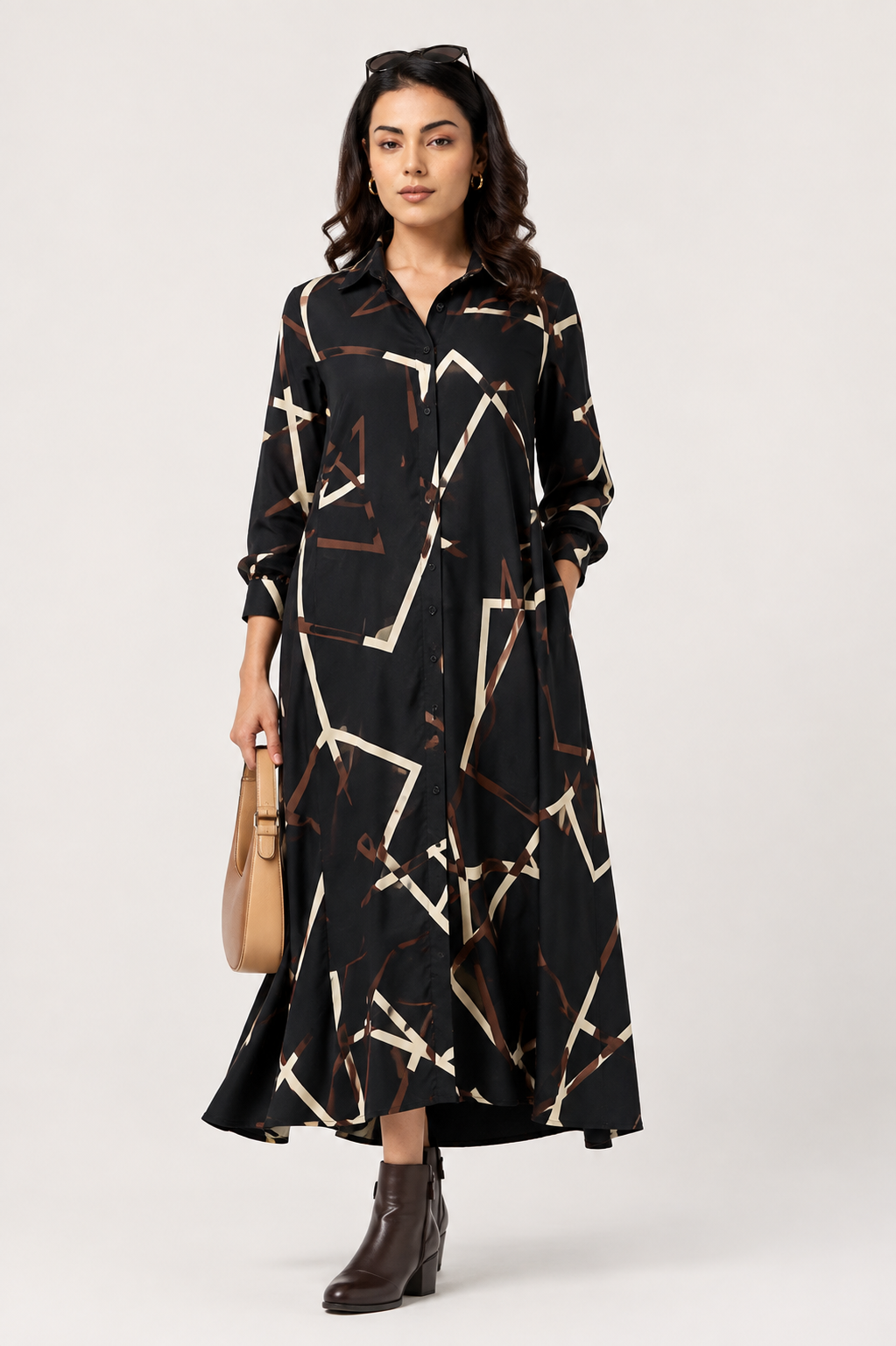 Serenaire Veloria Brushstroke Workwear Dress in Black — full length