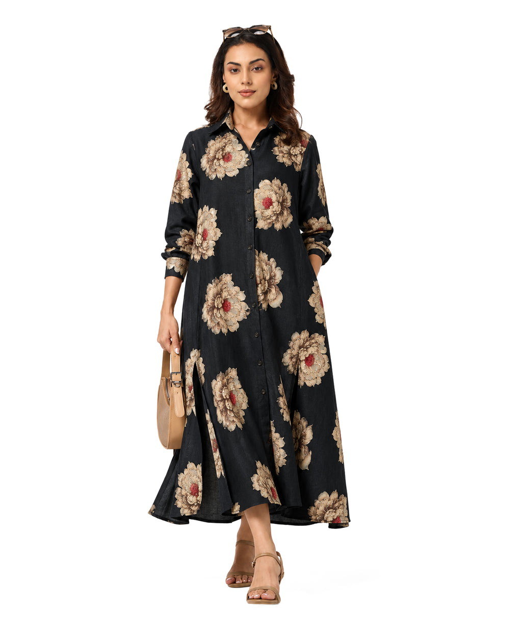 Serenaire Veloria Chrysanthemum Workwear Dress in Black — front view