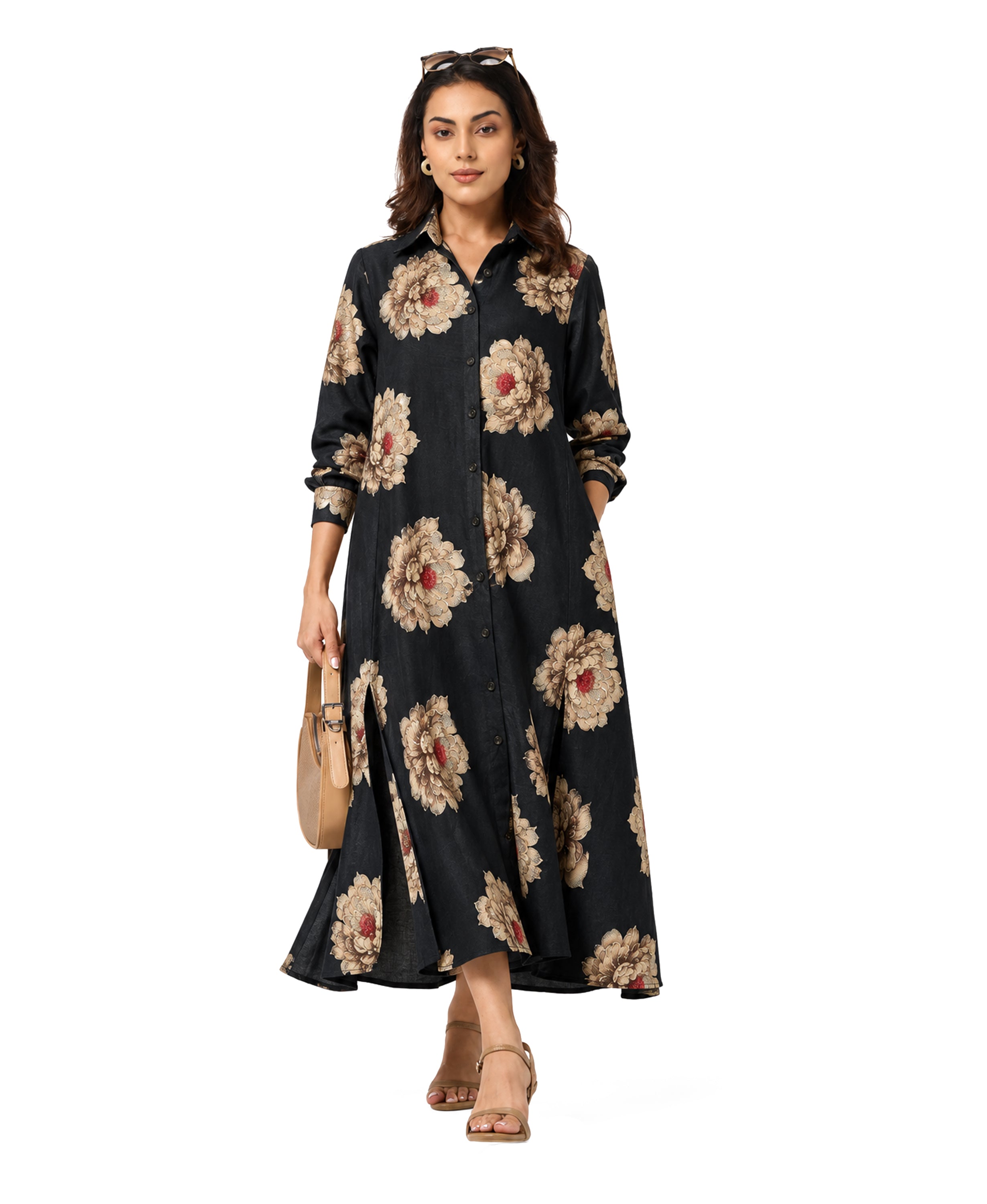 Serenaire Veloria Chrysanthemum Workwear Dress in Black — front view