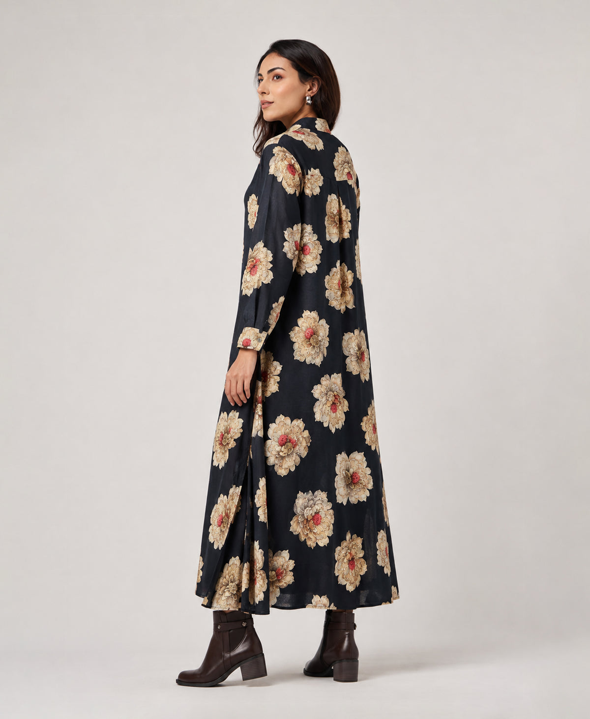 Serenaire Veloria Chrysanthemum Workwear Dress in Black — three-quarter view