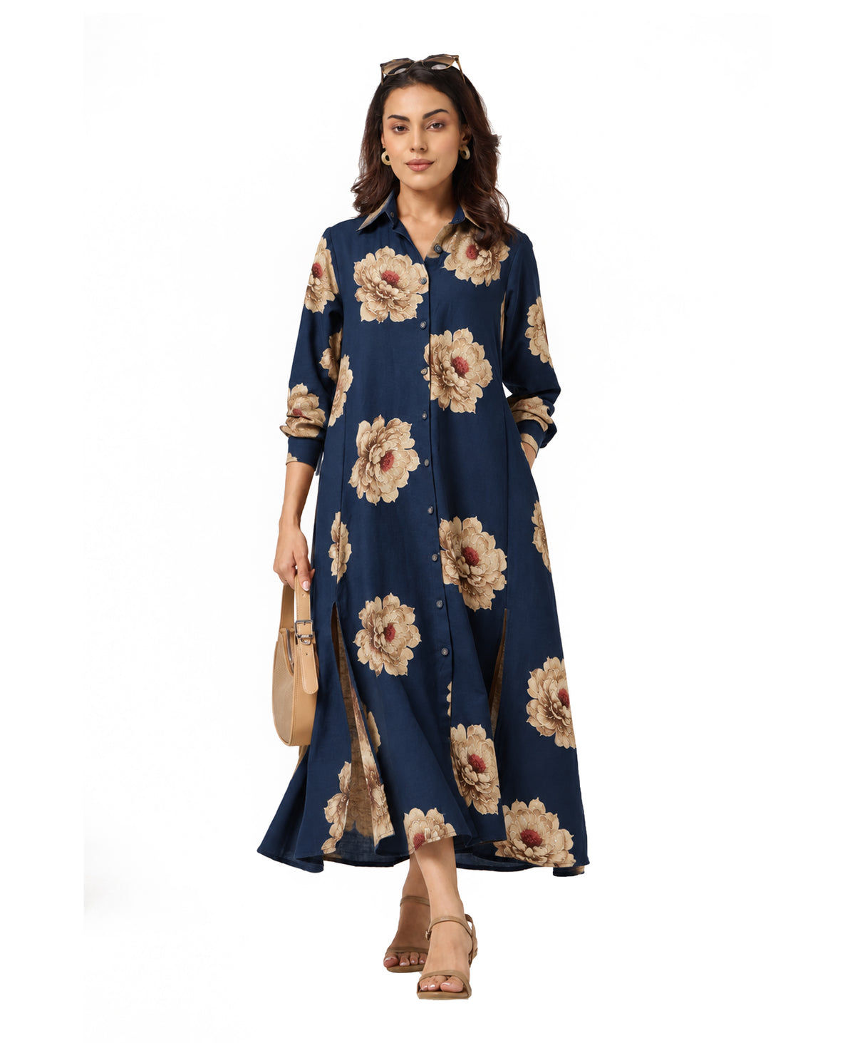 Serenaire Veloria Chrysanthemum Workwear Dress in Navy Blue — front view with bag