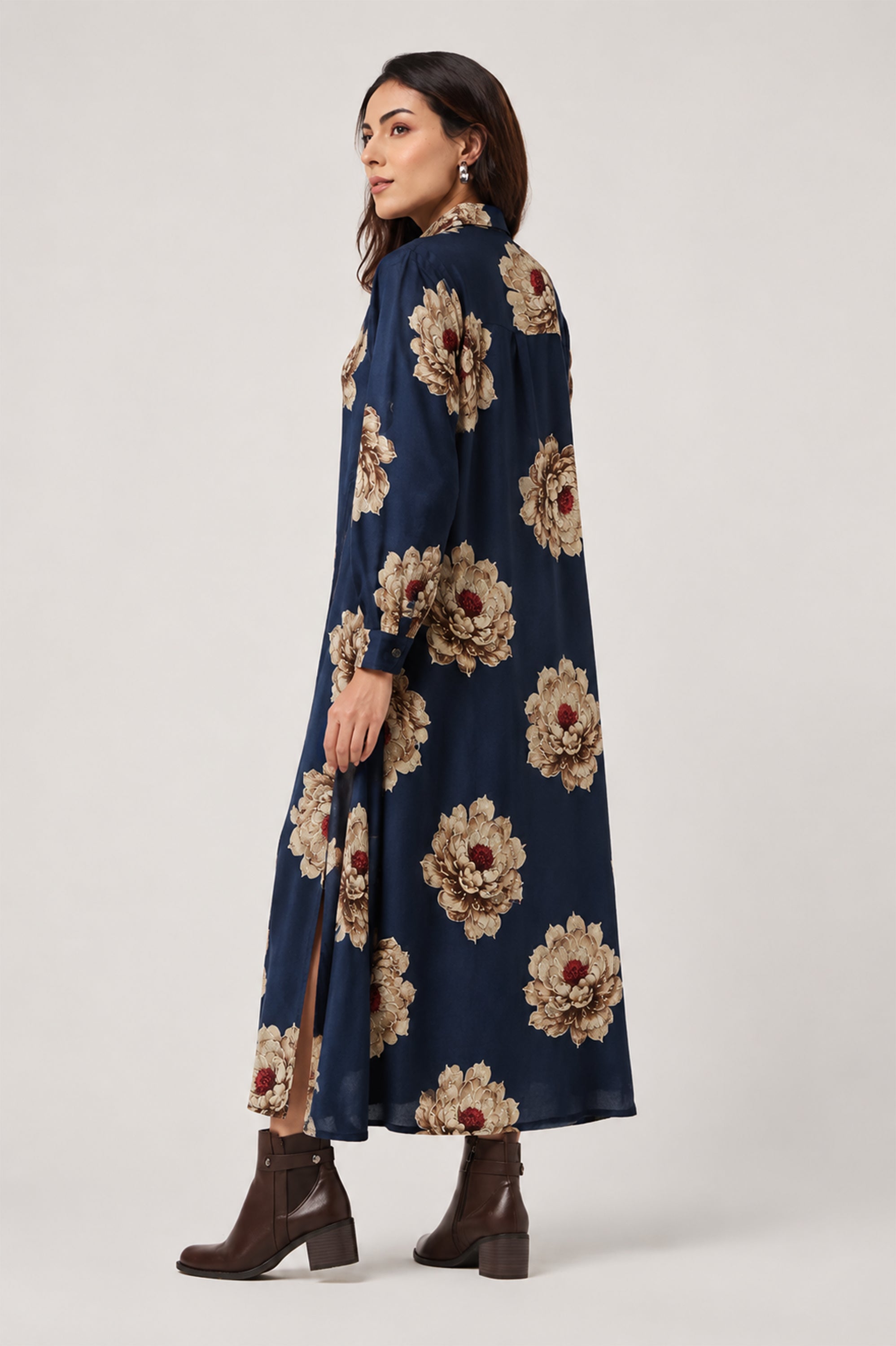 Serenaire Veloria Chrysanthemum Workwear Dress in Navy Blue — three-quarter view