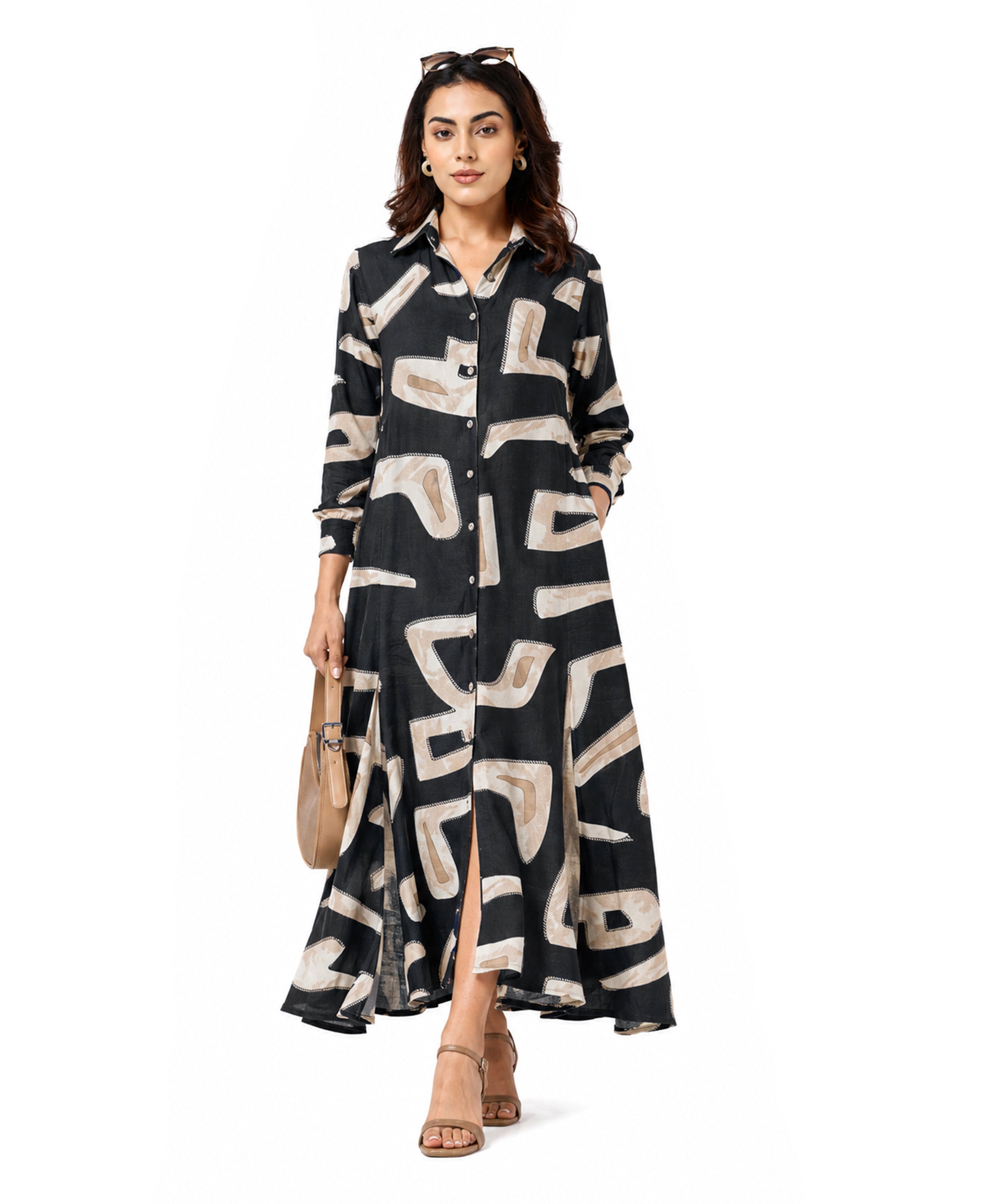 Serenaire Veloria Cutout Workwear Dress in Black — front view with bag