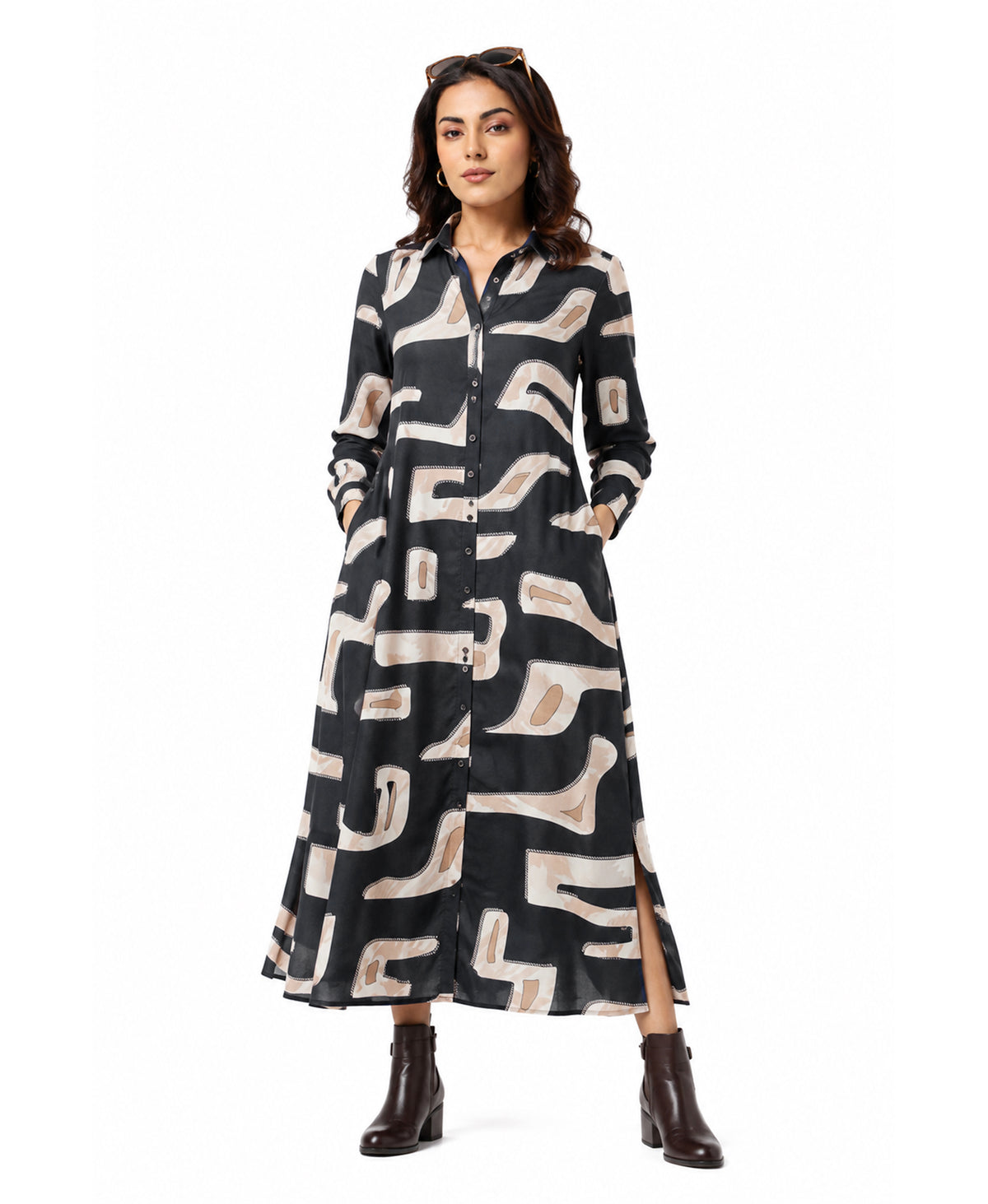 Serenaire Veloria Cutout Workwear Dress in Black — front view
