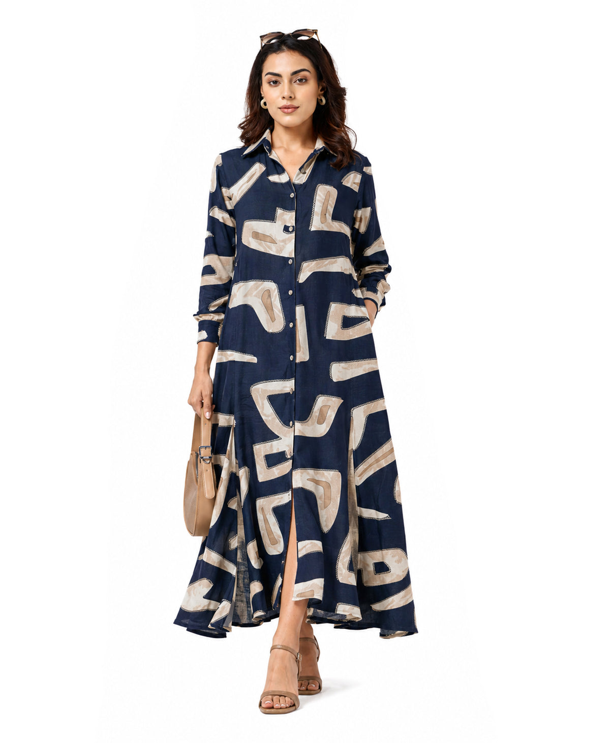 Serenaire Veloria Cutout Workwear Dress in Navy Blue — front view with bag