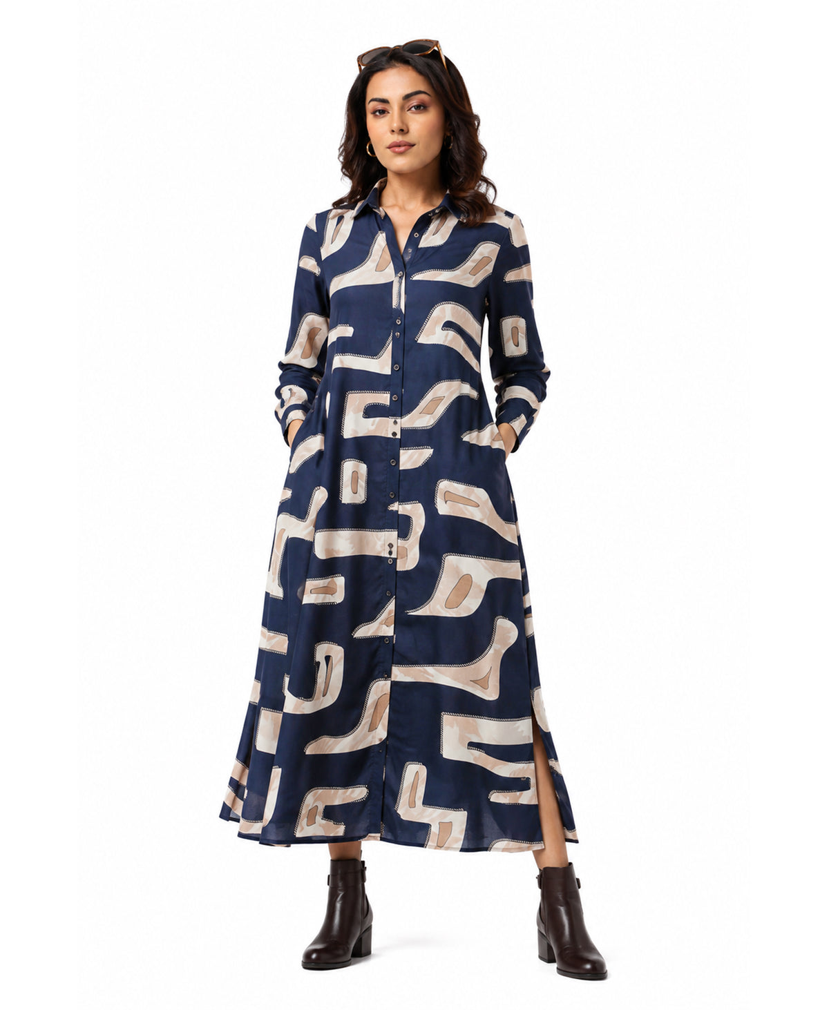 Serenaire Veloria Cutout Workwear Dress in Navy Blue — front view
