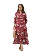 Serenaire Veloria Deco Disc Workwear Dress in Maroon — front view with bag