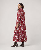 Serenaire Veloria Deco Disc Workwear Dress in Maroon — three-quarter view