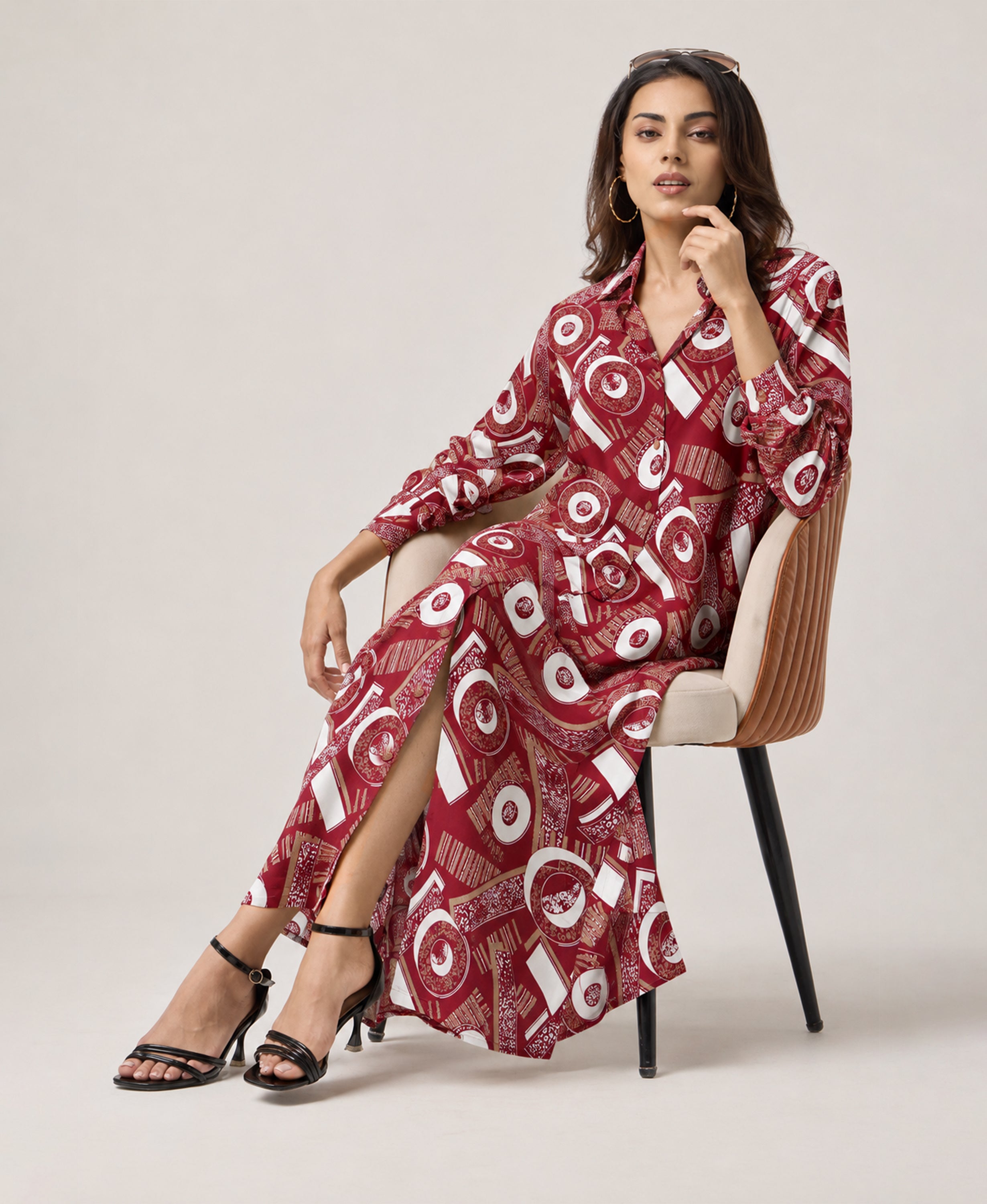 Serenaire Veloria Deco Disc Workwear Dress in Maroon — seated
