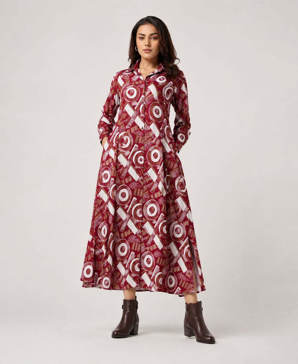 Serenaire Veloria Deco Disc Workwear Dress in Maroon — front view