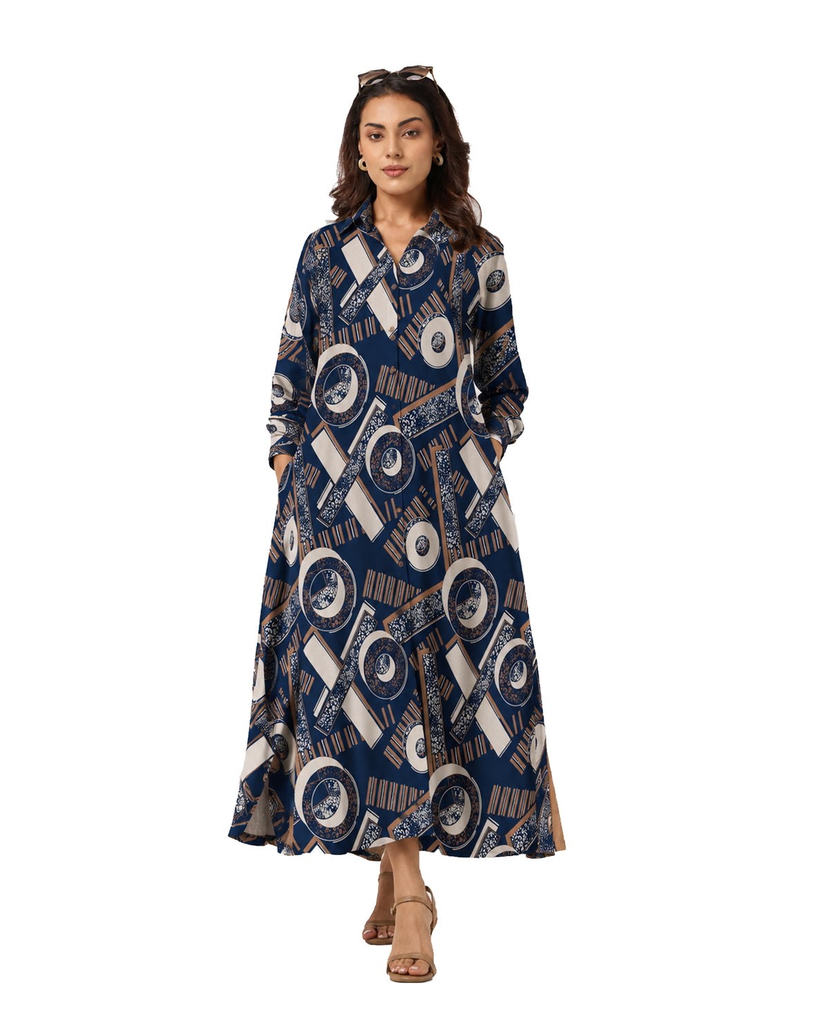 Serenaire Veloria Deco Disc Workwear Dress in Navy Blue — front view