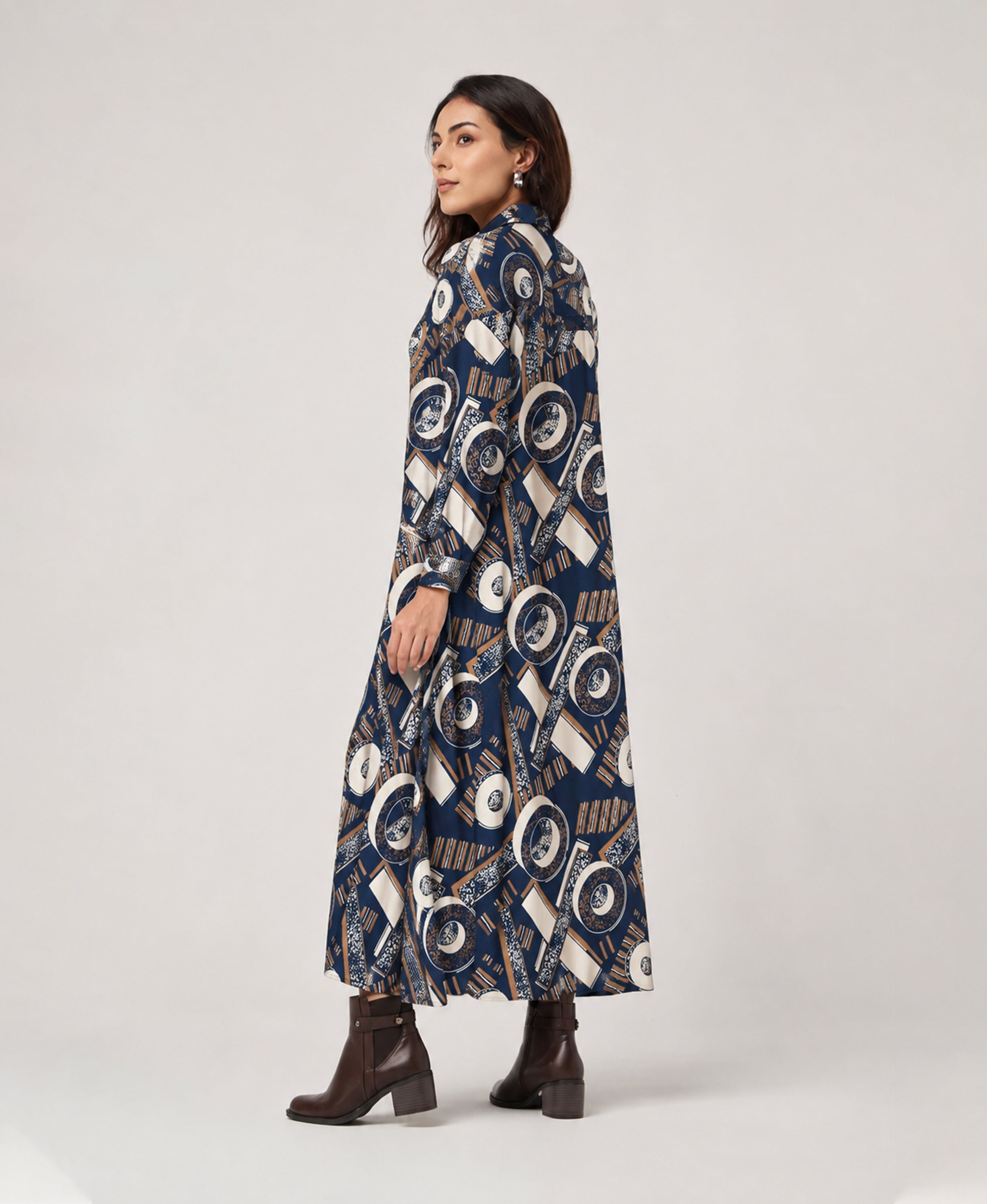Serenaire Veloria Deco Disc Workwear Dress in Navy Blue — three-quarter view