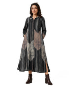 Serenaire Veloria Ikat Stripe Workwear Dress in Black — front view