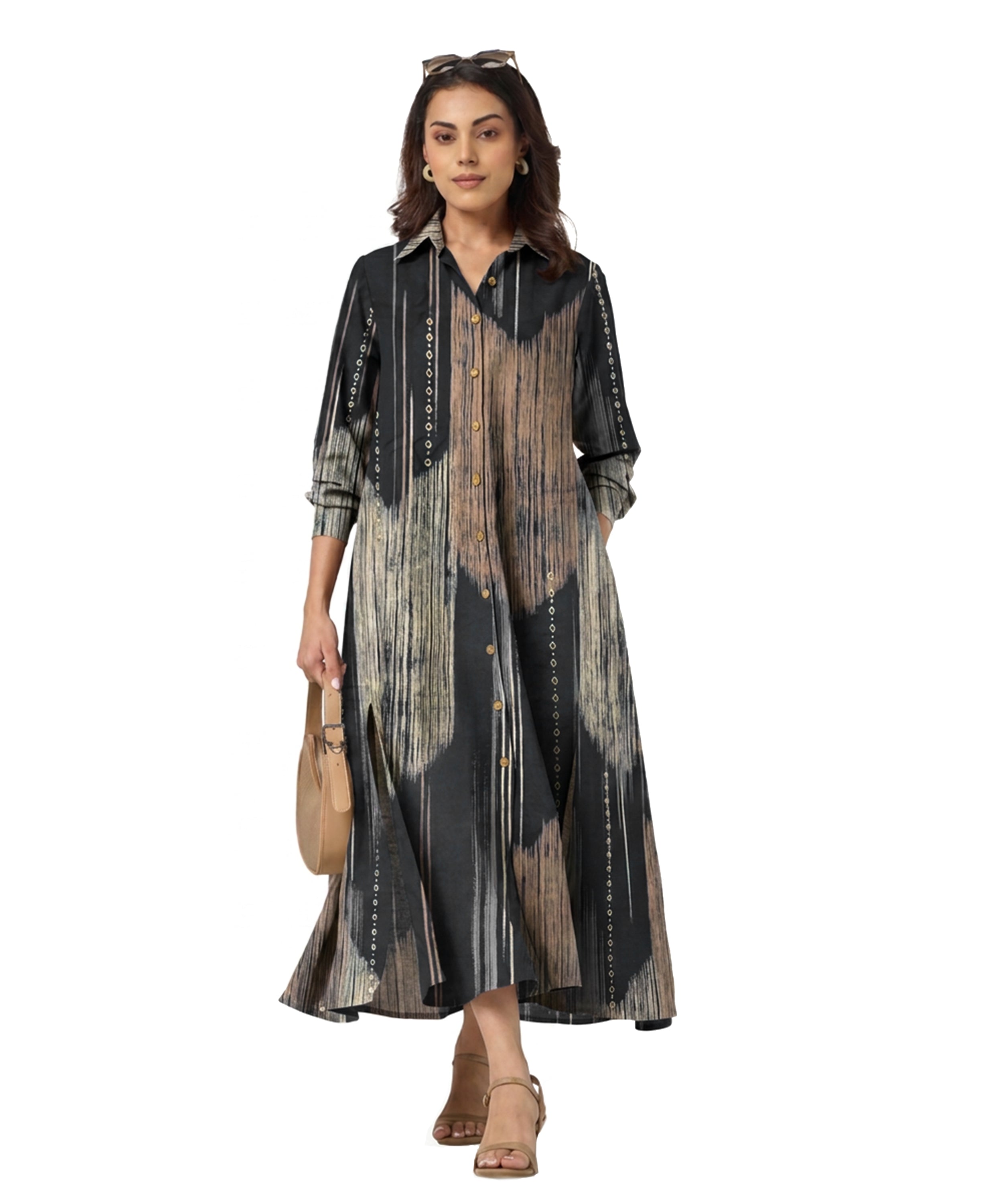 Serenaire Veloria Ikat Stripe Workwear Dress in Black — front view with bag