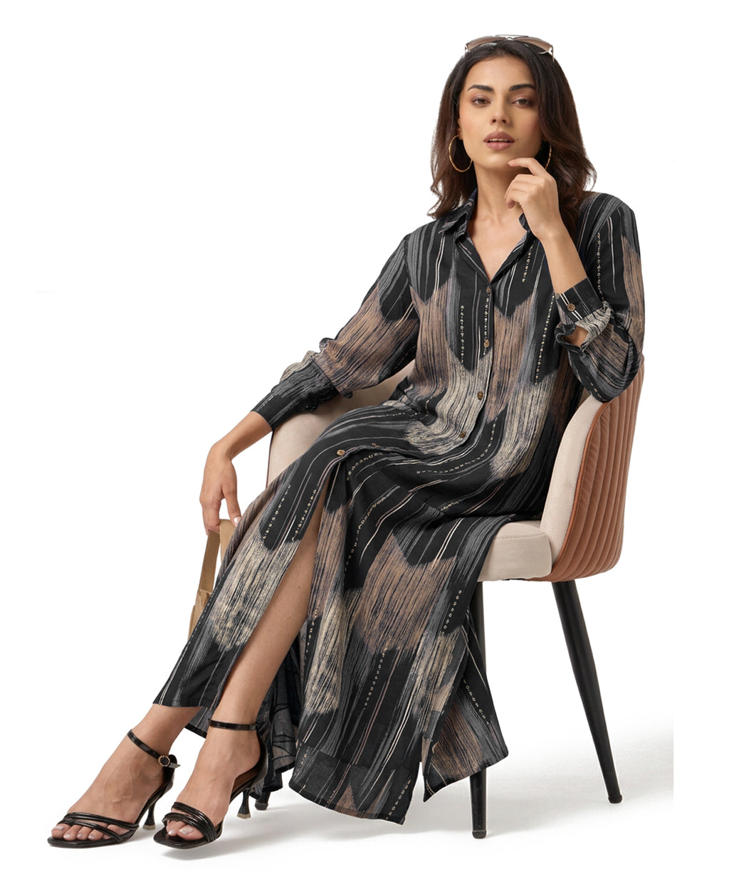Serenaire Veloria Ikat Stripe Workwear Dress in Black — seated