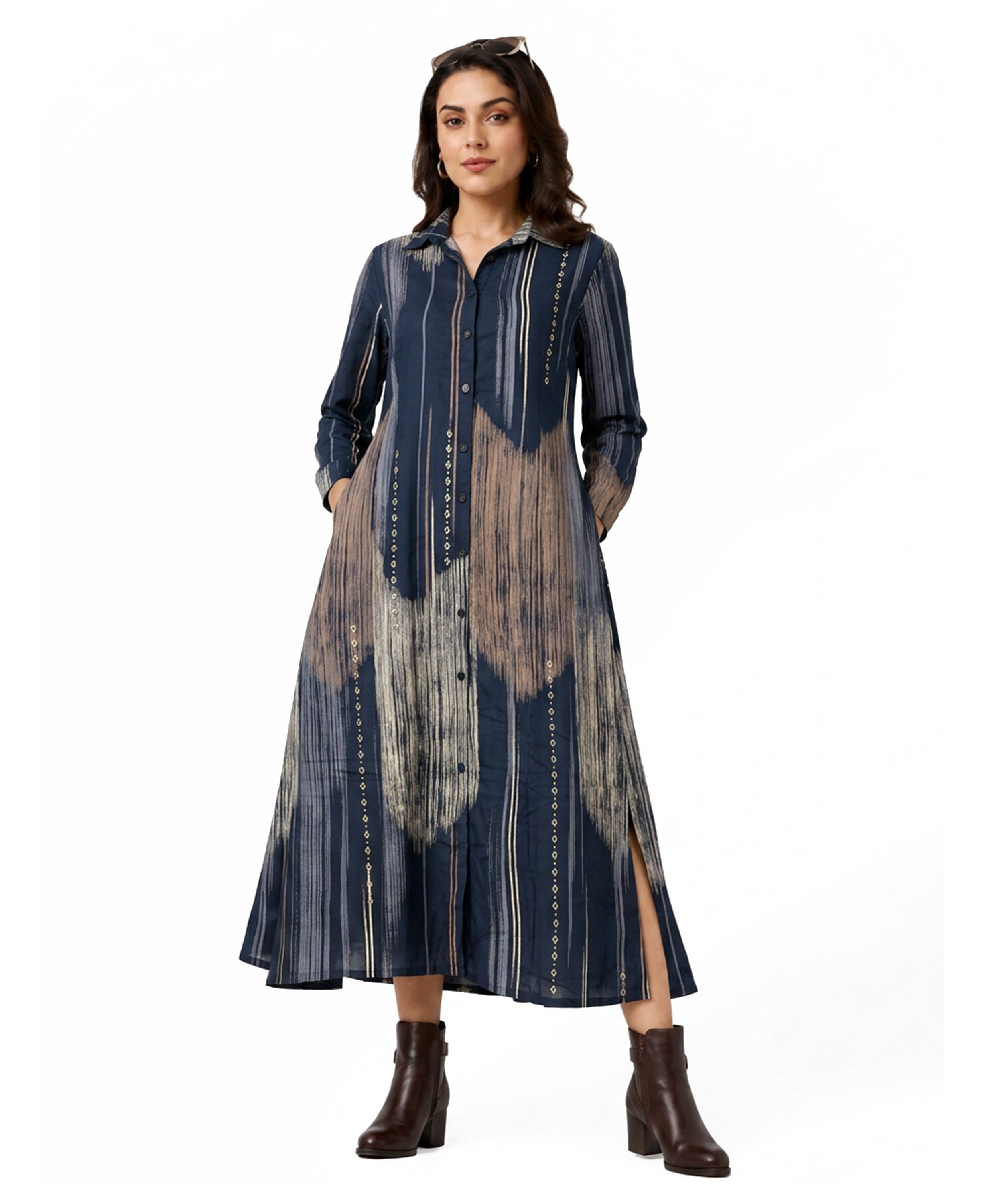 Serenaire Veloria Ikat Stripe Workwear Dress in Navy Blue — front view